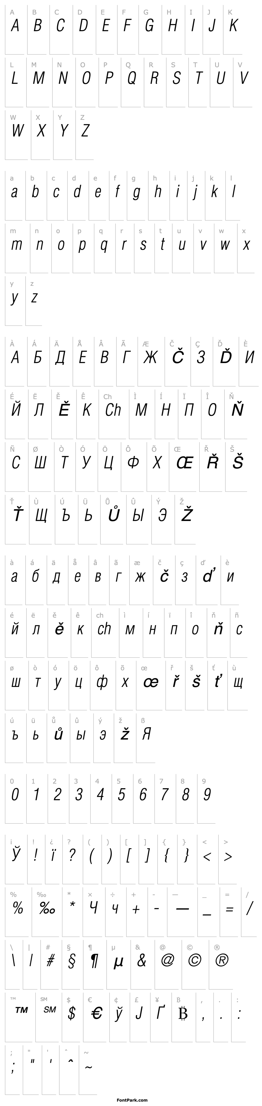 Overview AGLettericaCondL-Italic