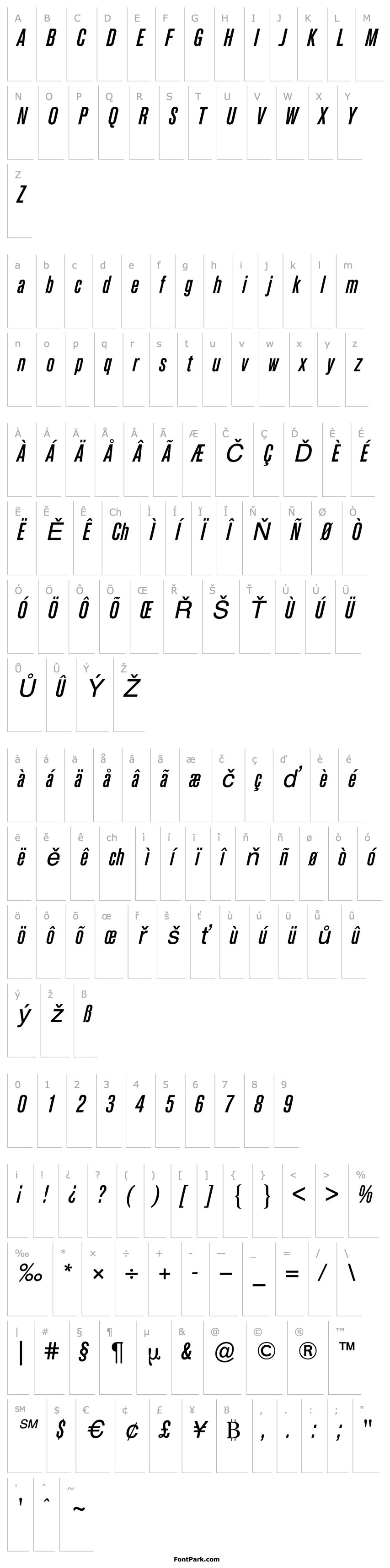 Přehled Akzidenz-Grotesk (R) Condensed Medium Italic