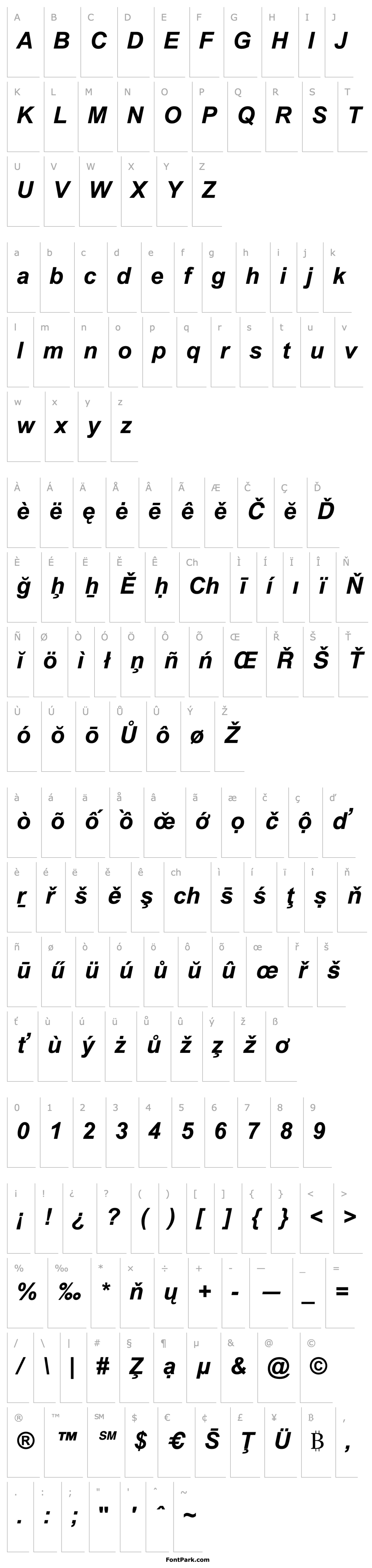 Přehled Arial Special G1 Bold Italic