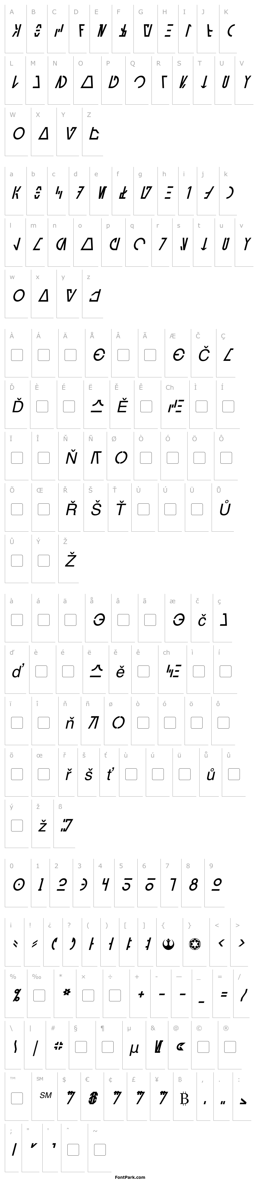 Přehled Aurebesh Cantina Italic