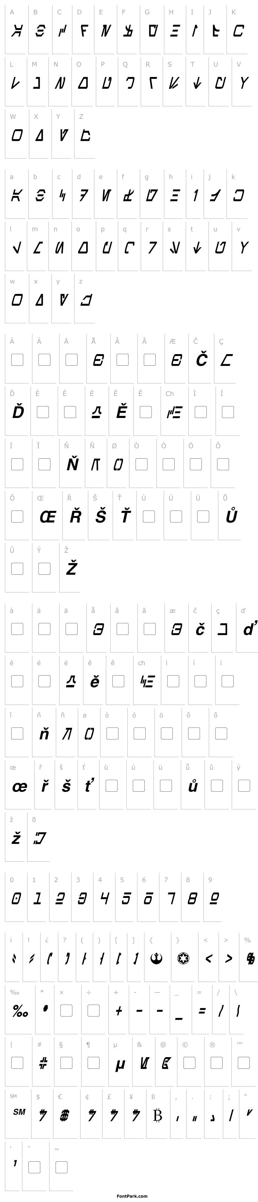 Přehled Aurebesh Condensed Bold Italic