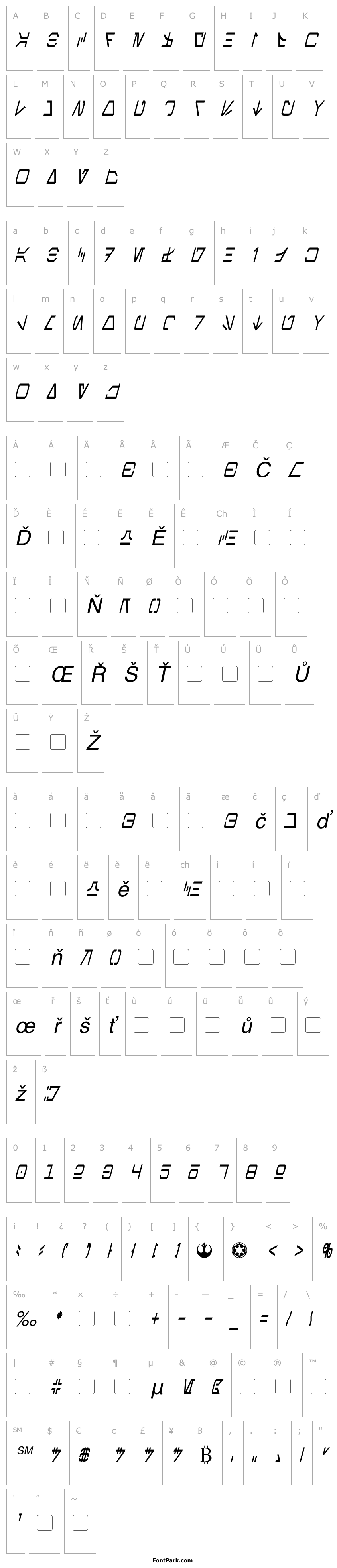 Přehled Aurebesh Condensed Italic