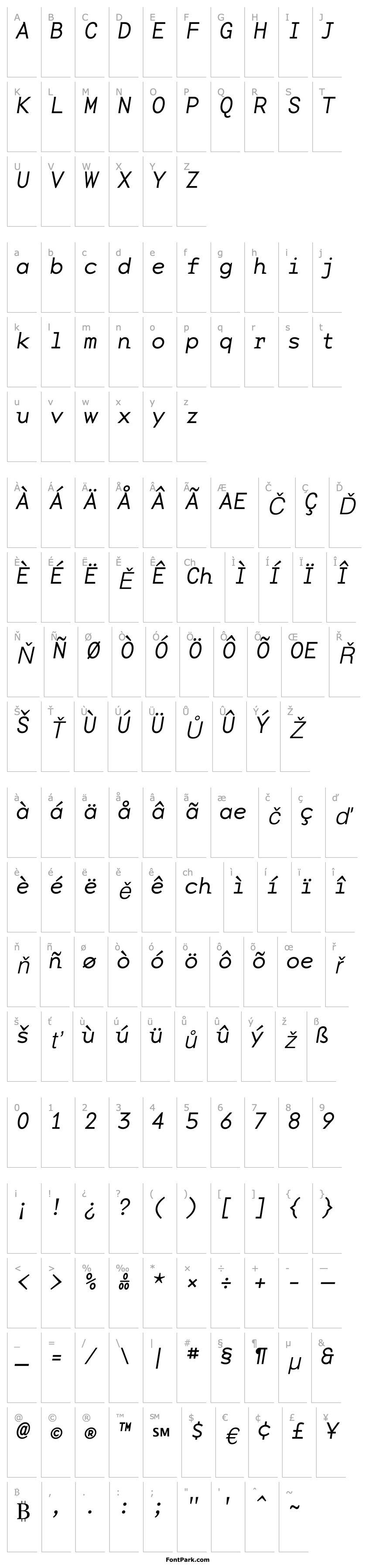 Přehled BaseMonoWide-Thin Italic