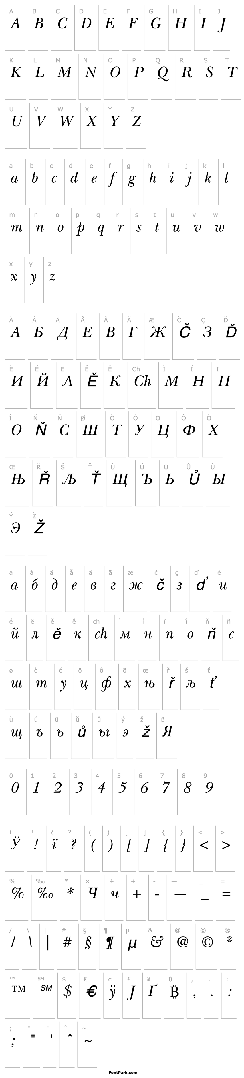 Přehled Baskerville Cyrillic Inclined