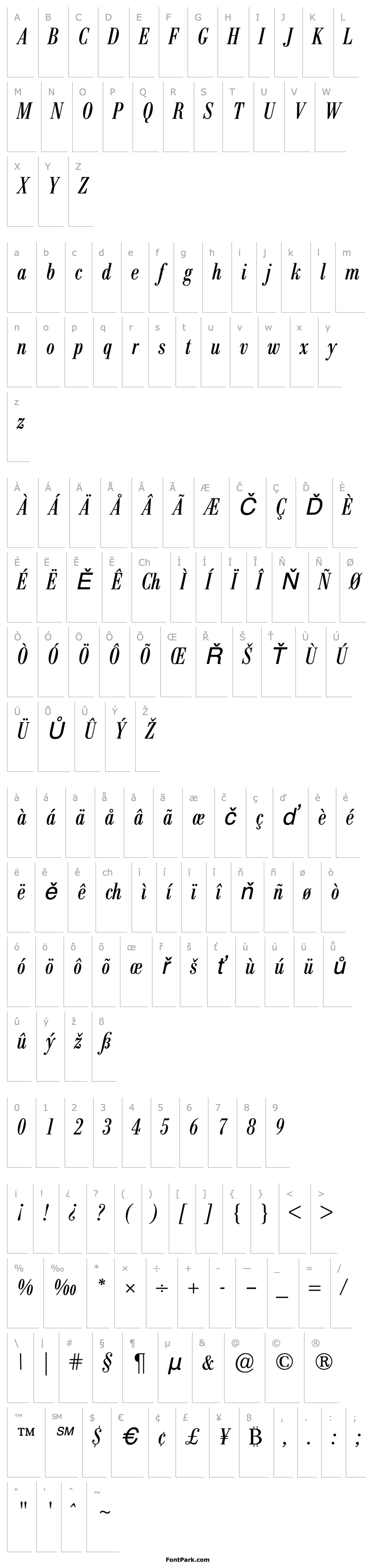 Přehled Bodoni BE Condensed Italic