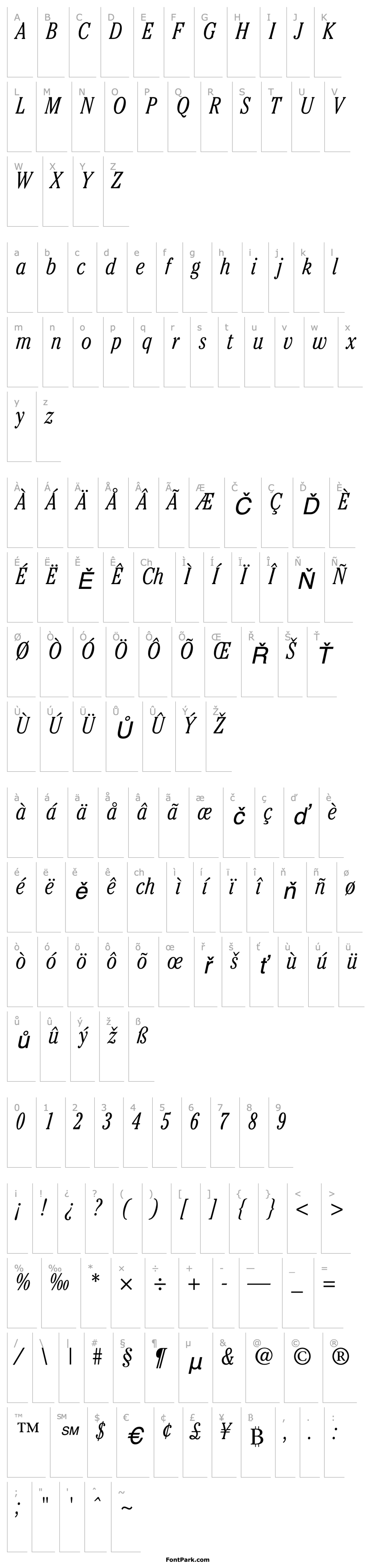 Přehled Cheltenham Light Condensed SSi Light Condensed Italic