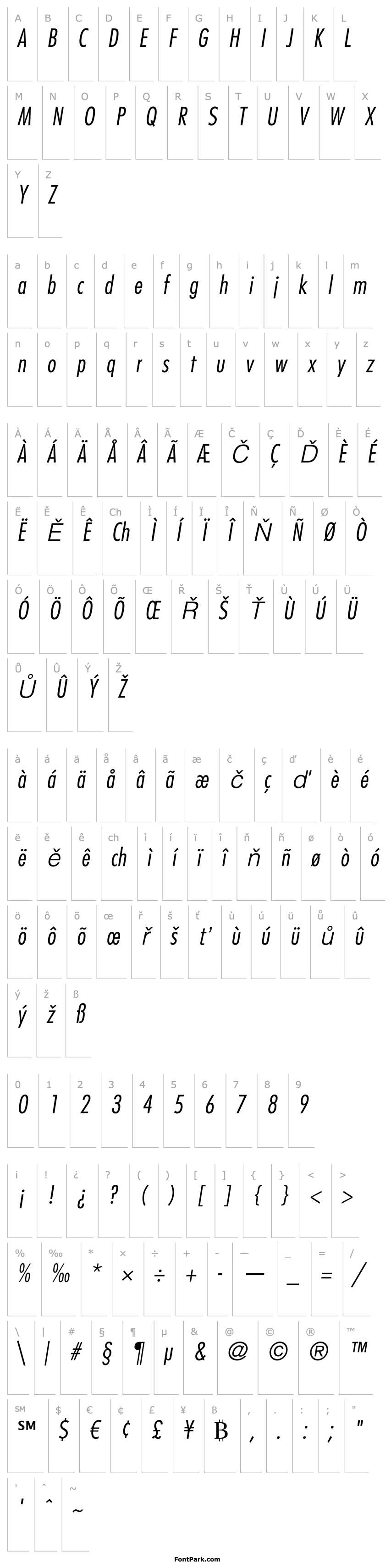 Přehled Futura LT Condensed Light Oblique