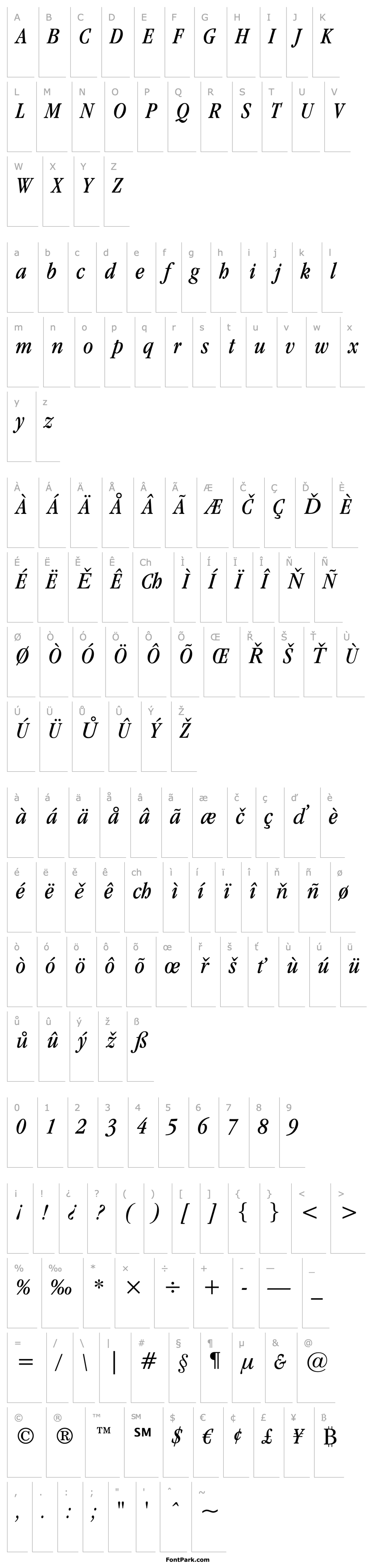 Přehled Garamond ITC Book Condensed Italic BT