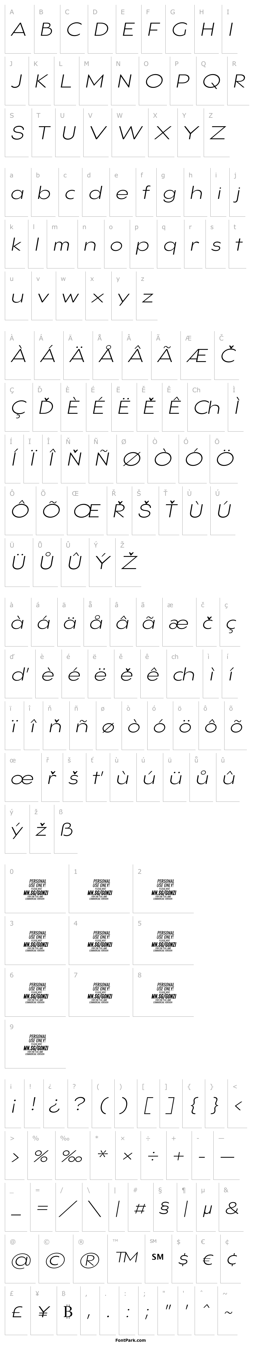Přehled Gonzi Expanded PERSONAL USE Light Italic