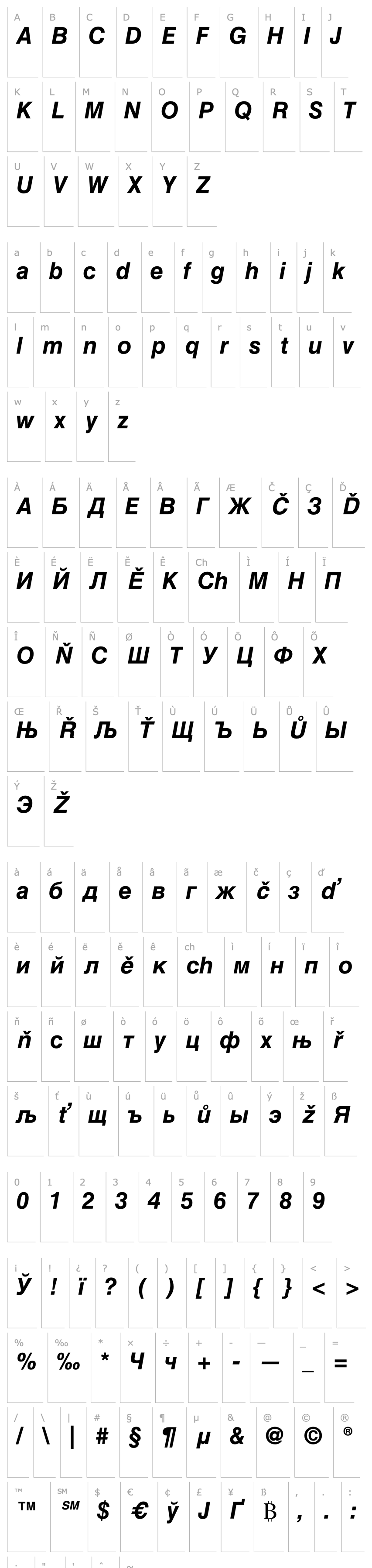 Přehled Helvetica Cyrillic Bold Inclined