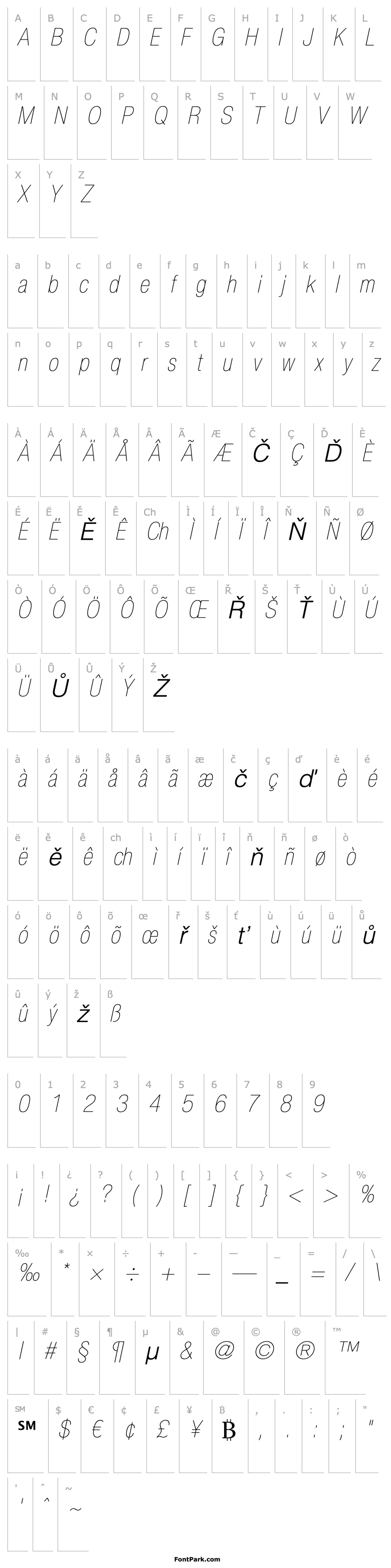 Přehled Helvetica LT 27 Ultra Light Condensed Oblique