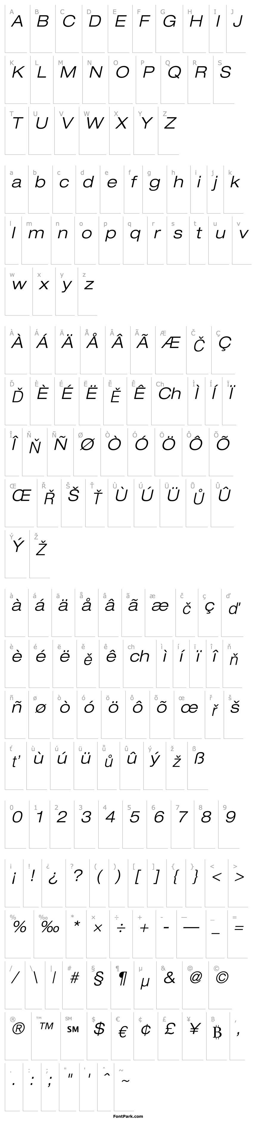 Přehled Helvetica43-ExtendedLight Oblique