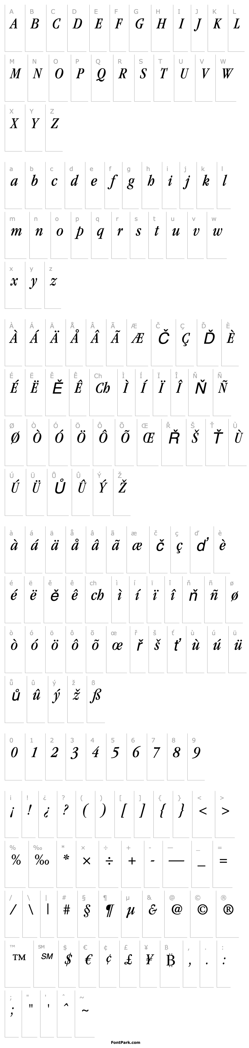 Přehled ITC Garamond LT Book Condensed Italic