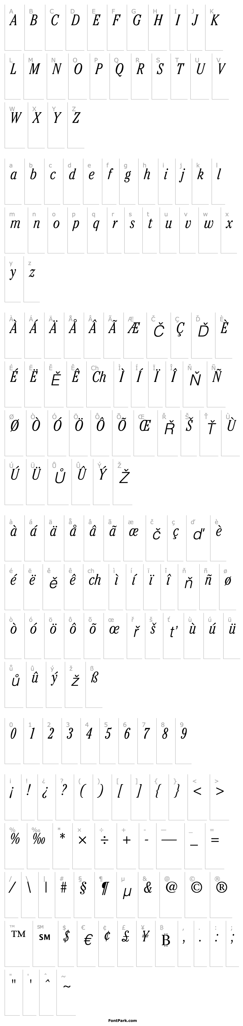 Přehled ITCCheltenham-CondensedLight Italic