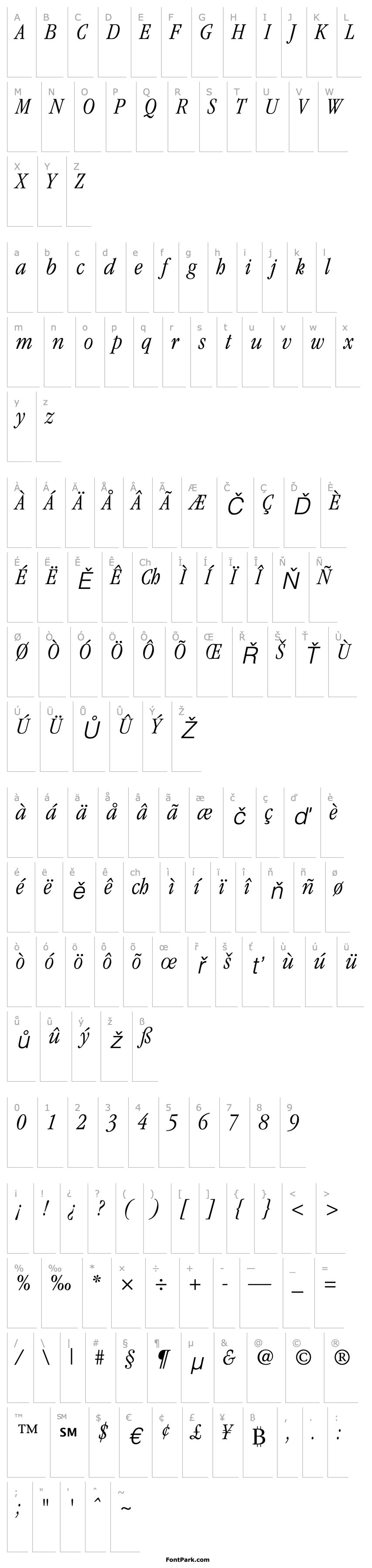 Přehled ITCGaramond-CondensedLight Italic