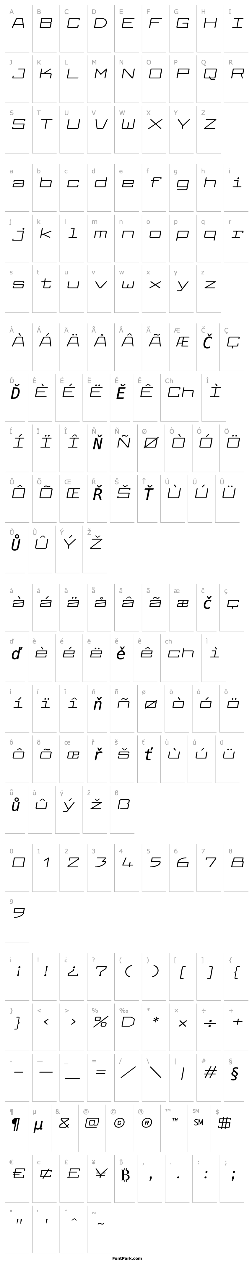 Přehled Larabiefont Xtrawide Italic