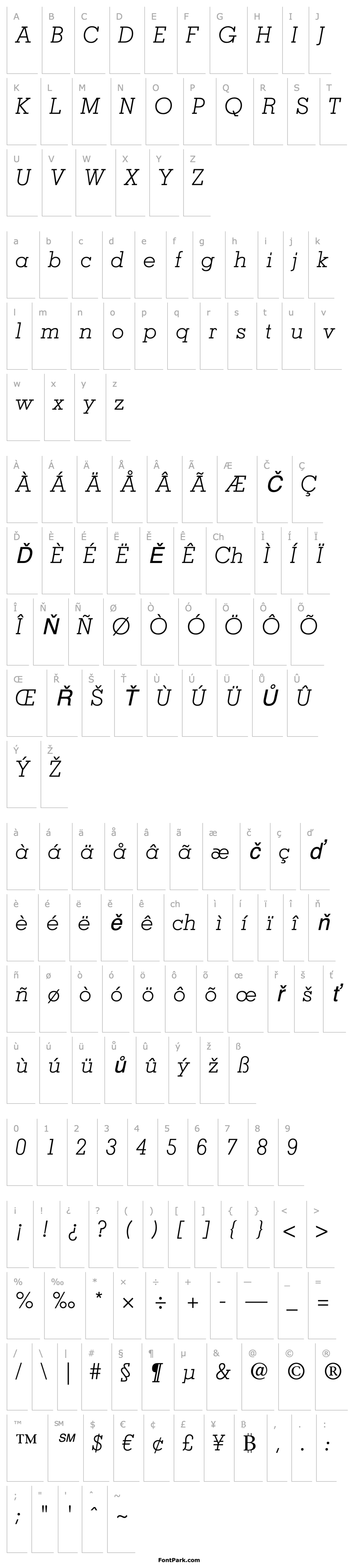 Přehled Memphis LT Light Italic