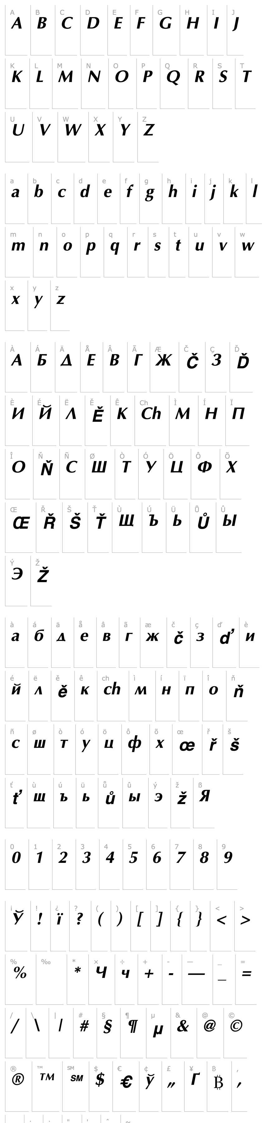 Overview Optima Cyr Bold Italic