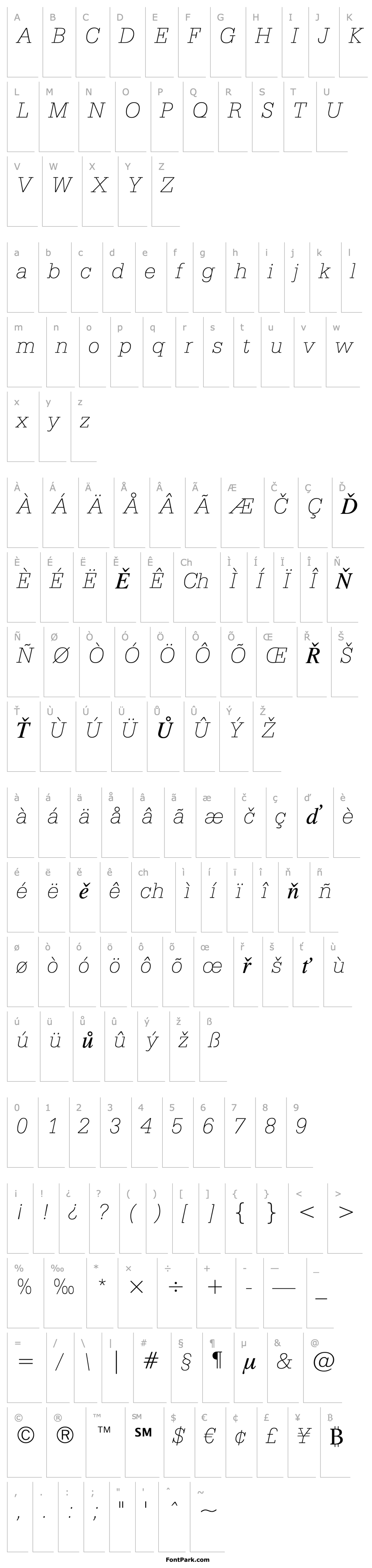 Přehled Serifa Th BT Thin Italic