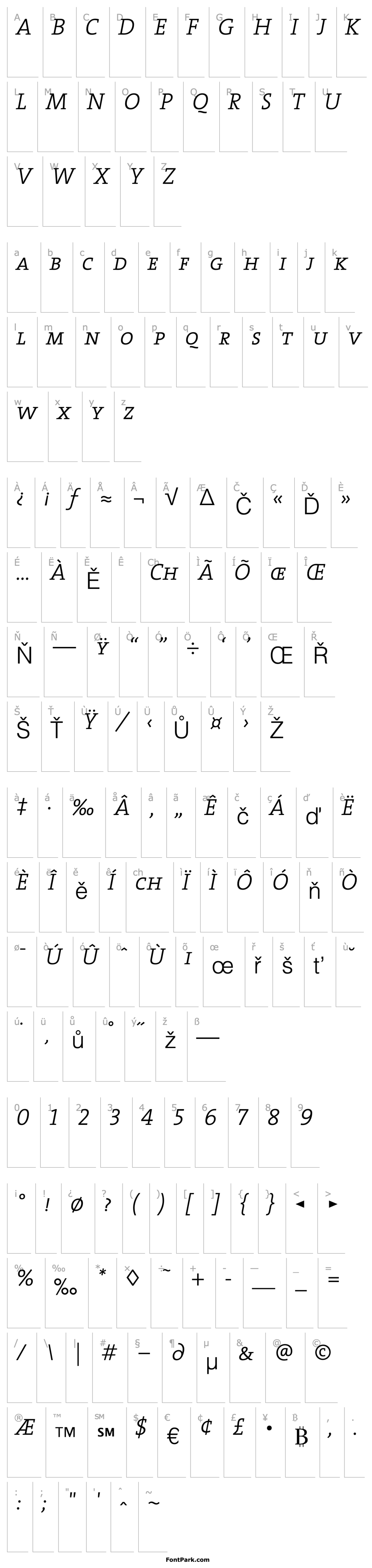 Přehled TheSerifCaps-Light Italic