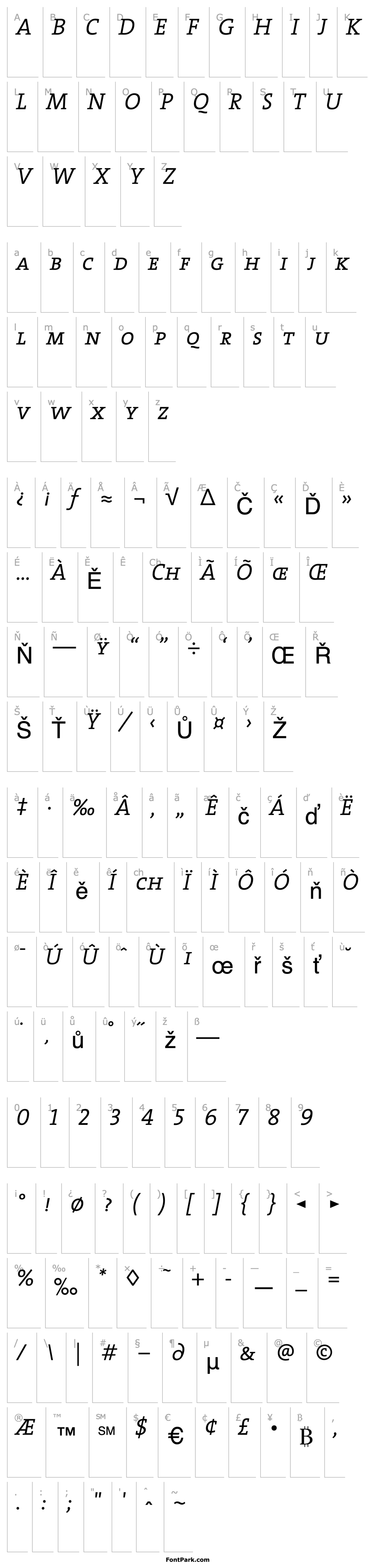 Přehled TheSerifCaps-SemiLight Italic