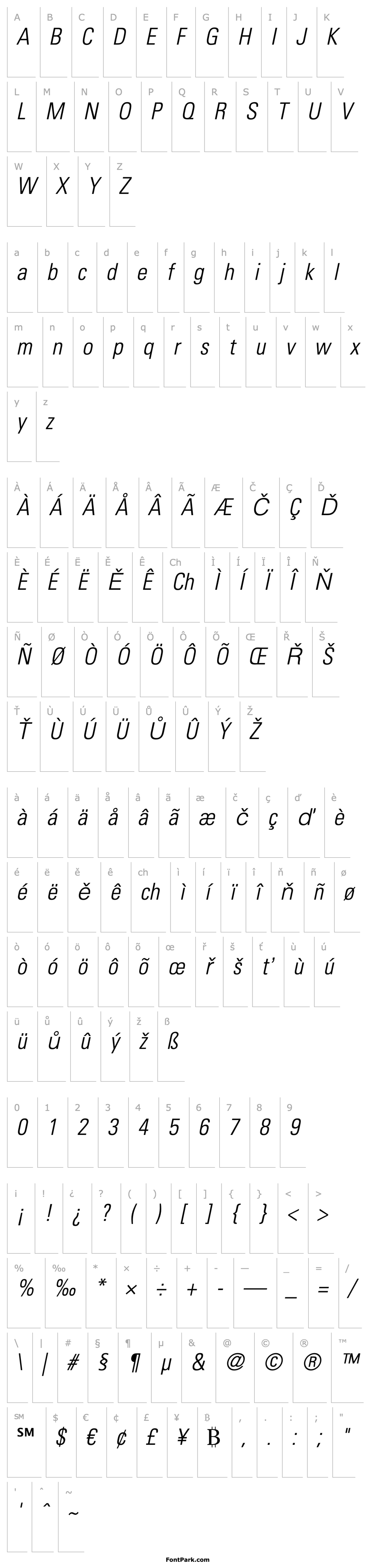 Přehled Univers LT 47 Condensed Light Oblique