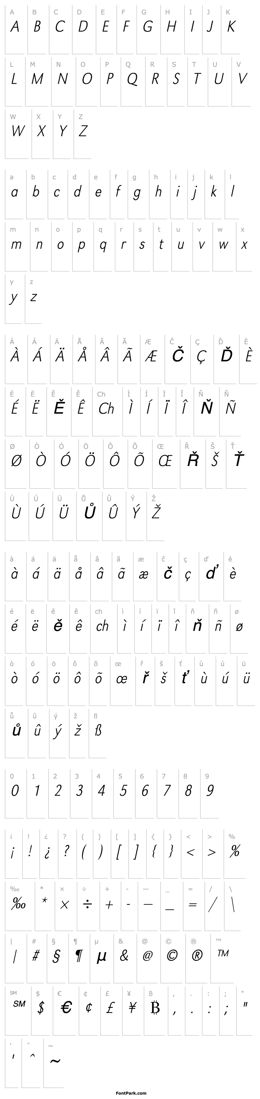 Přehled URWGroteskTExtLigExtNar Oblique