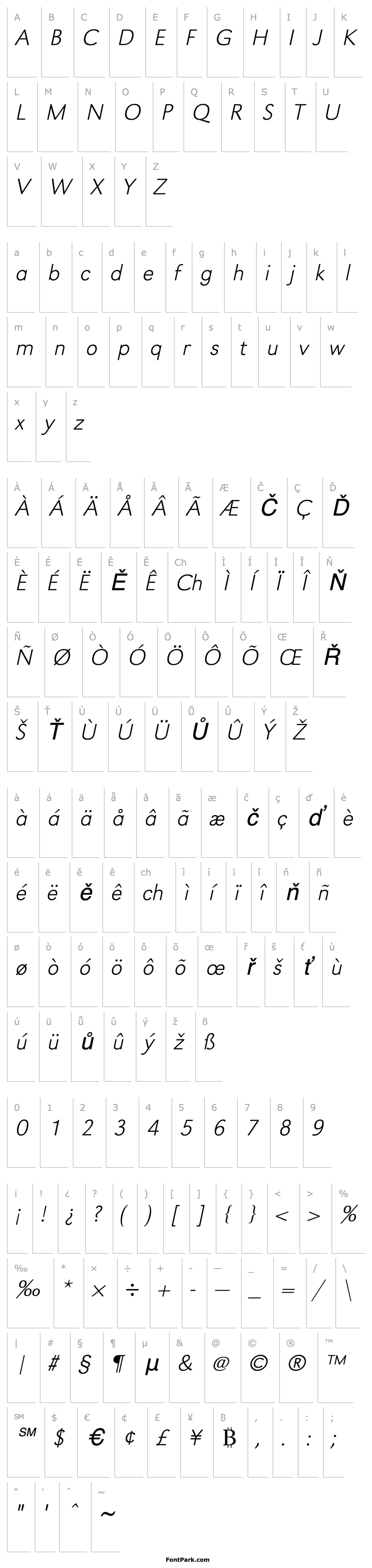 Přehled URWGroteskTExtLigWid Oblique