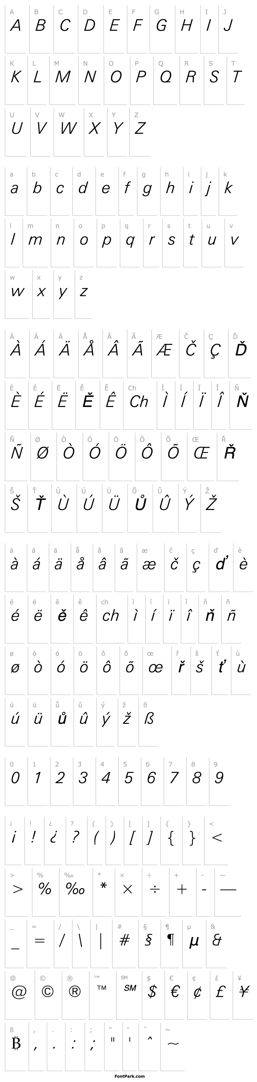 Overview Zurich Lt BT Light Italic